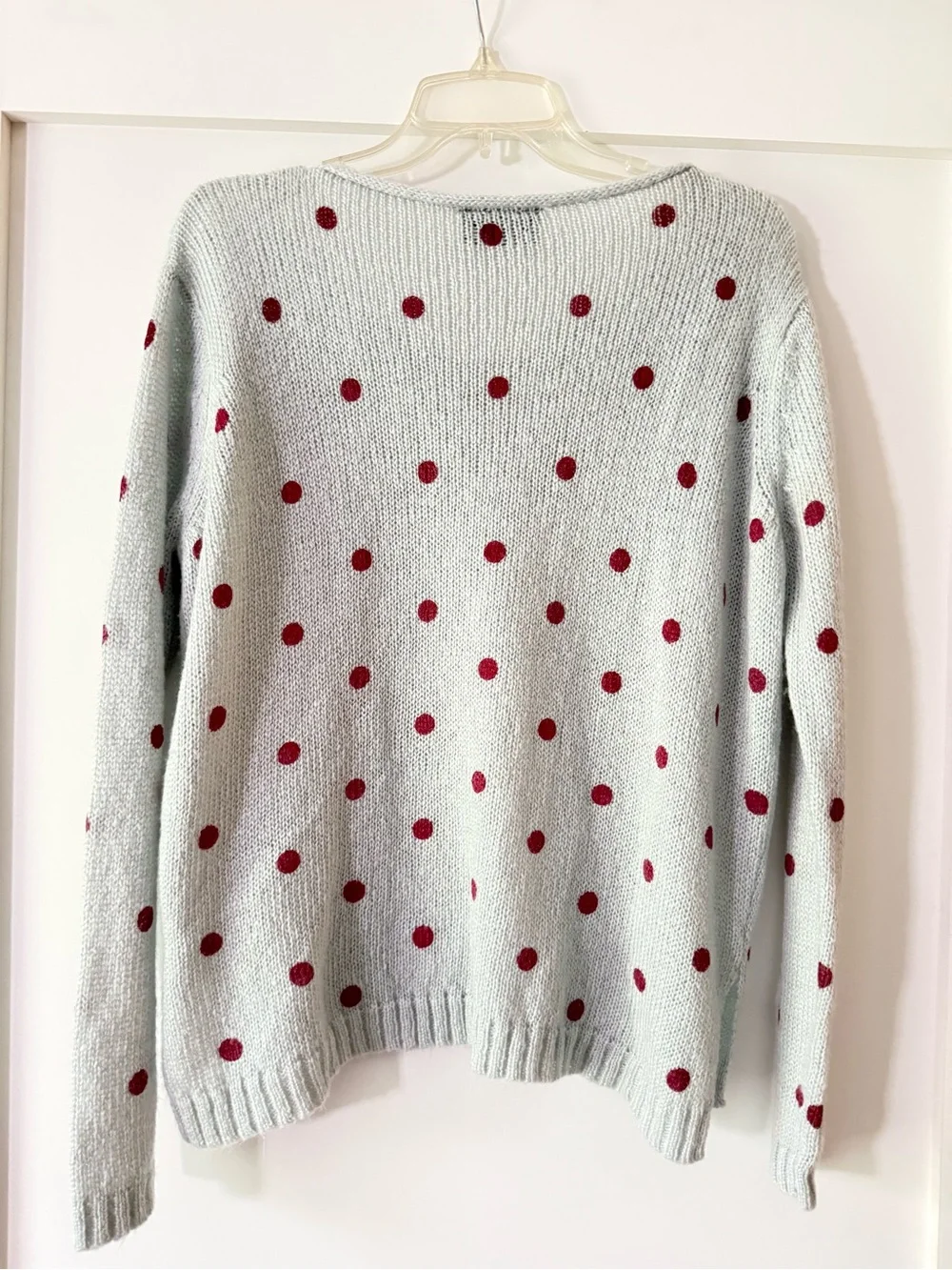 Wooden Ships Light Gray V-Neck Sweater with Red Polka Dots